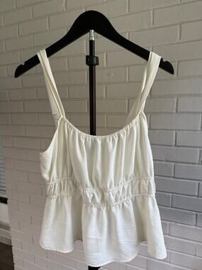 Made USA White Babydoll Tank Top XL Ruched Peplum Sleeveless Boho Cottage